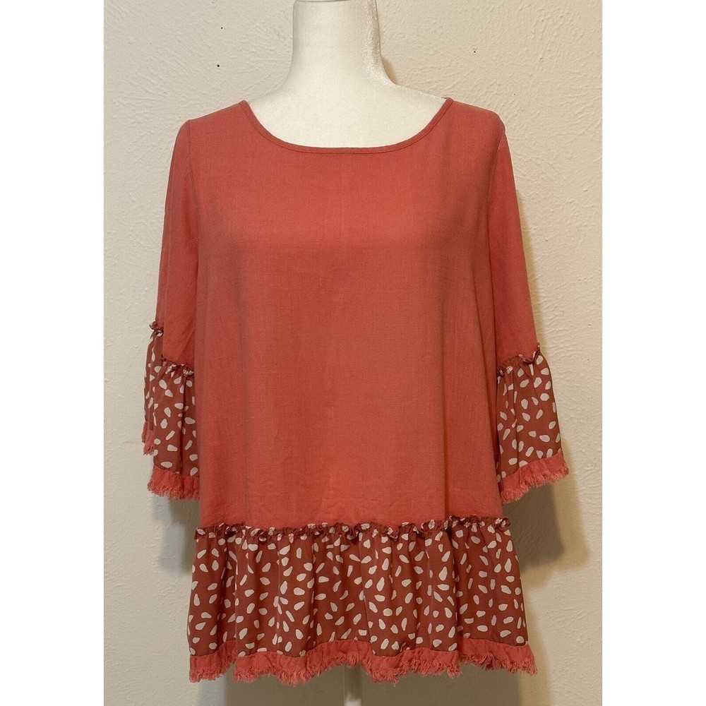Umgee Women’s Babydoll Blouse Animal Print Frayed Sleeves Hem Linen Blend Size M